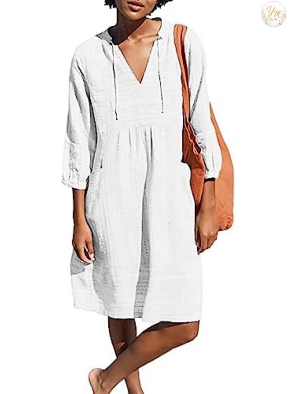 Womens V Neck Cotton Loose Shift Tunic Smock Summer Vacation Dress 3/4 Sleeve